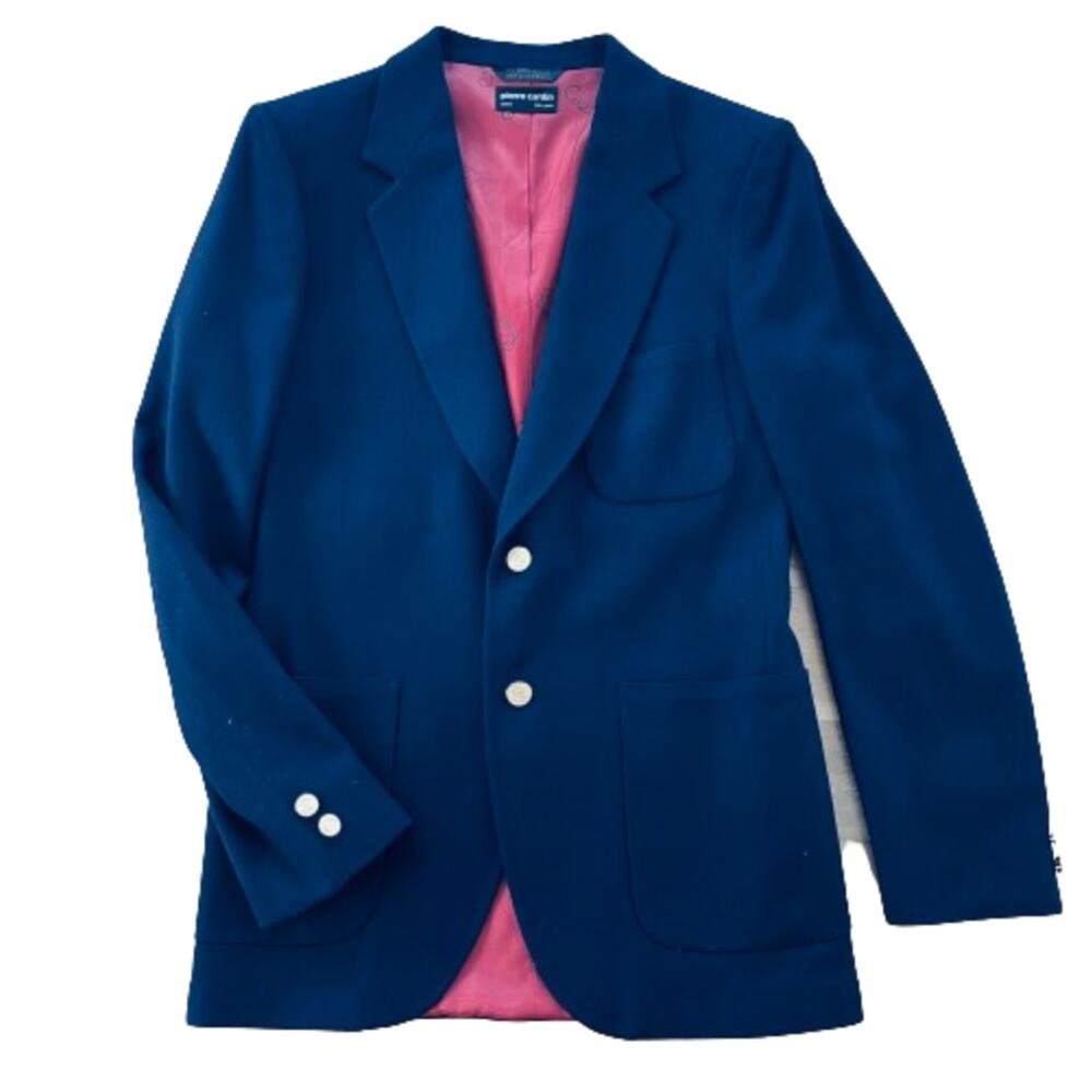 Vintage Pierre Cardin Navy Blue Wool Sport Coat Blazer Gold Buttons Pink Satin